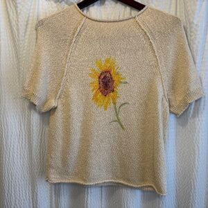 Anthropologie Women's Pilcro Knit Short Sleeve Sweater w/ Sunflower Size M